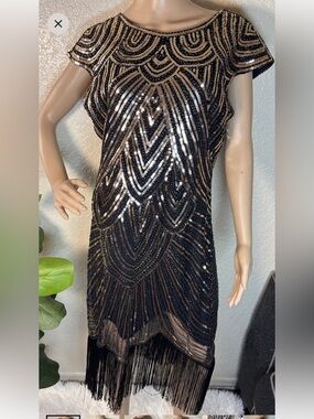Black and Gold Sequin Fringe Dress sexy dress